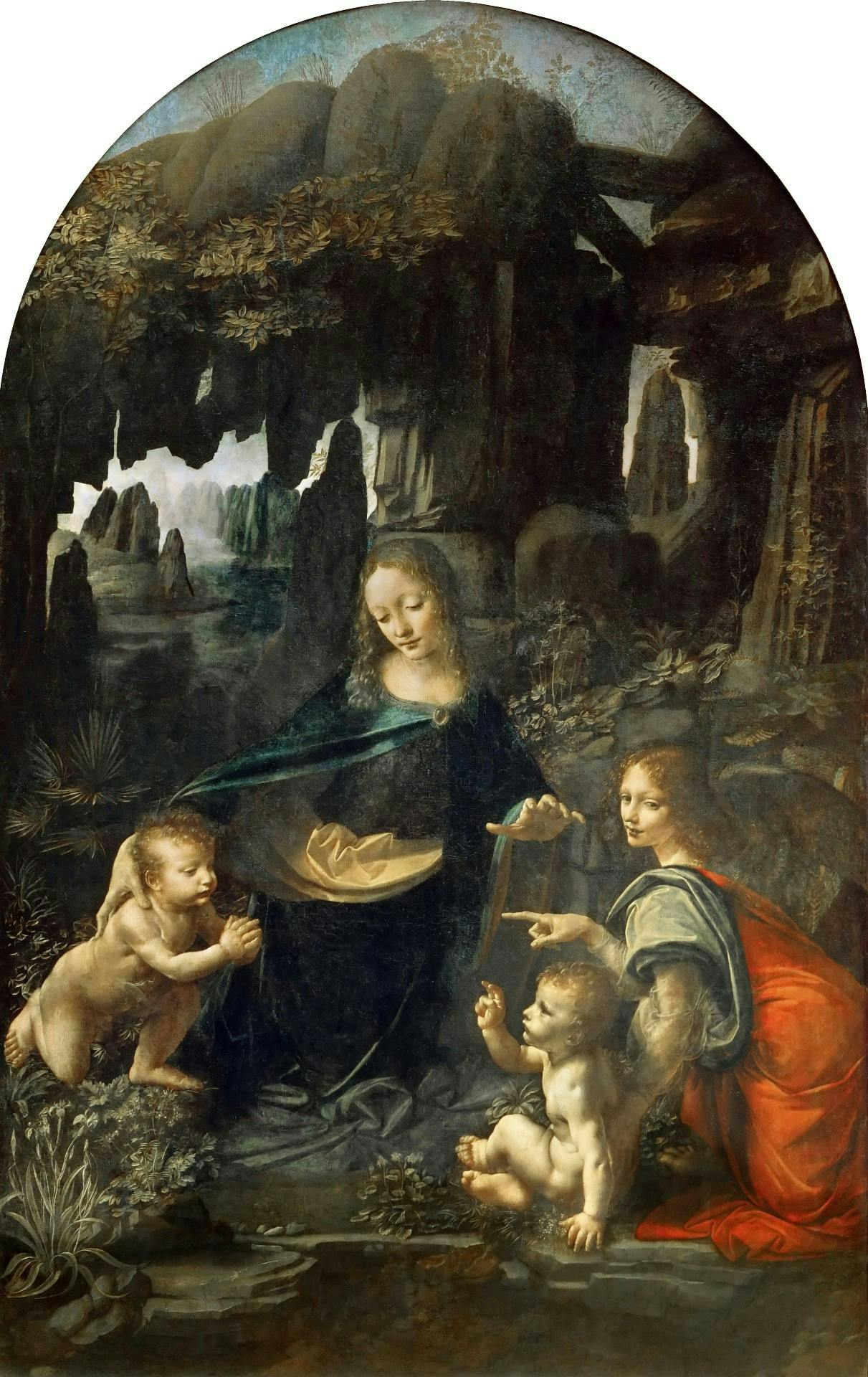 Virgin of The Rocks (1483 – 1486, phiên bản Paris và được xem là phiên bản chính), hay còn được biết đến với tên gọi: Đức Mẹ Đồng Trinh Trong Hang Đá. Nguồn ảnh: en.wikipedia