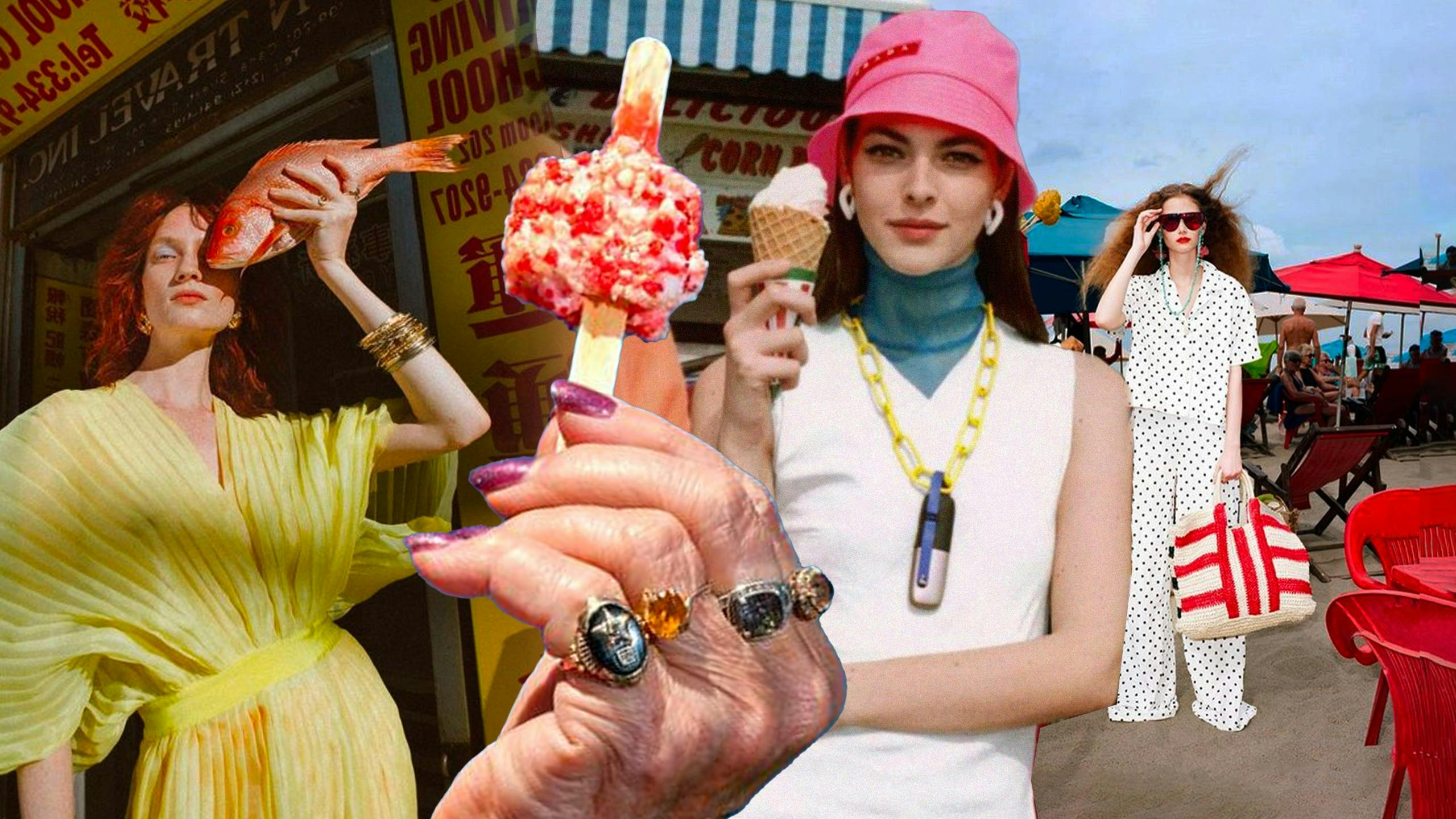 adult female person woman cream ice cream people face handbag fish