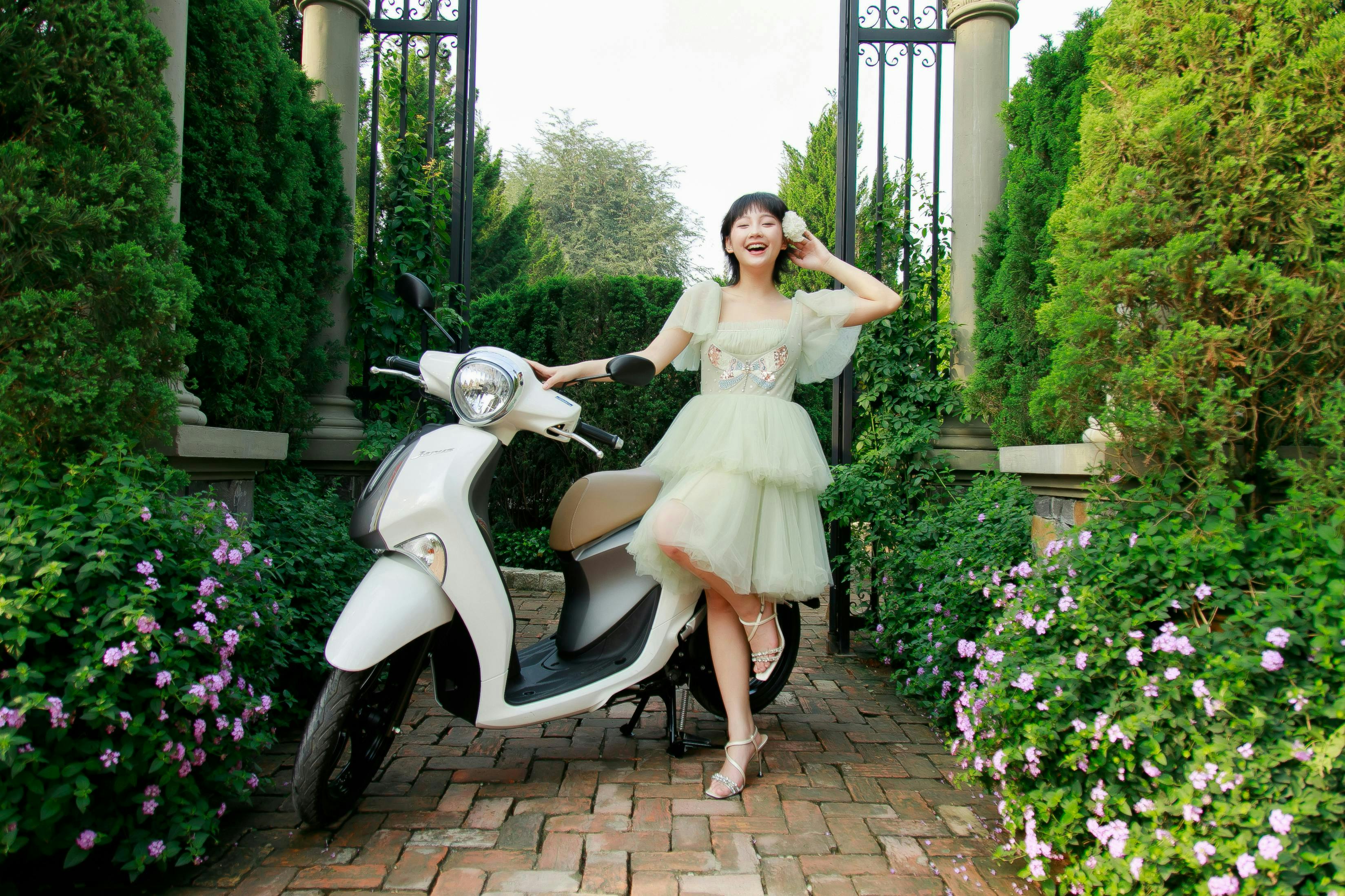 dress high heel walkway formal wear adult female person woman motorcycle motor scooter