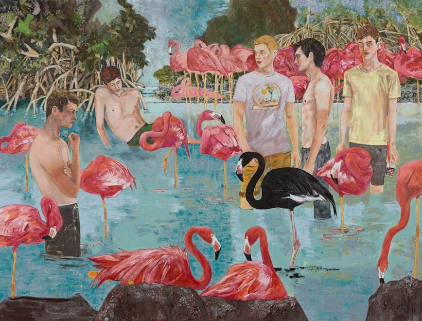 art painting person adult male man animal bird flock flamingo